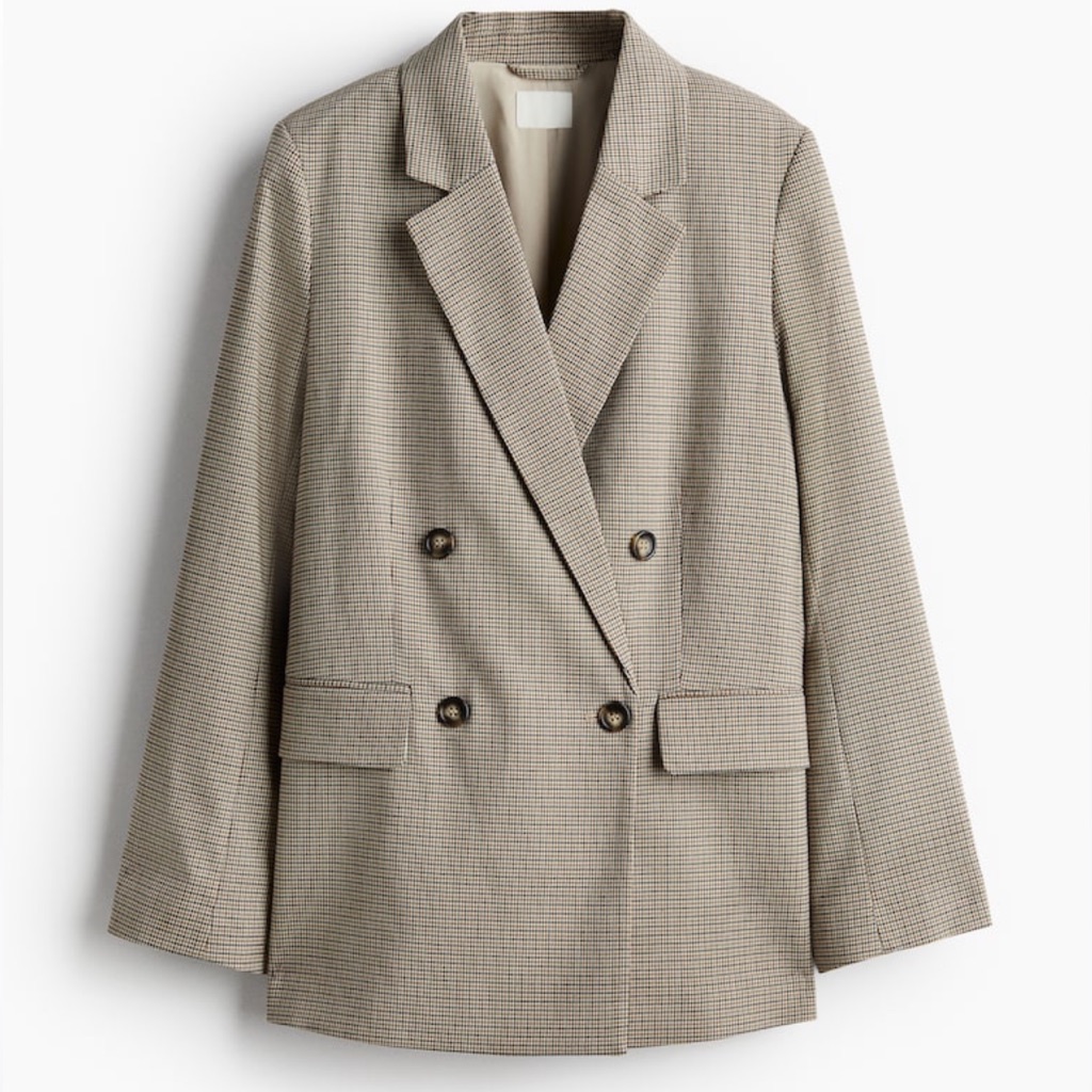H&M Double-Breasted Plaid Blazer Jacket - Beige